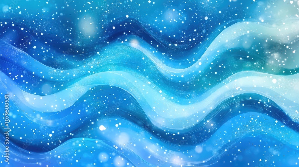 Vibrant abstract background featuring dynamic blue and turquoise waves adorned with sparkles water droplets and snowflakes creating a decorative space for text Vibrant abstract background featuring dynamic blue and turquoise waves adorned with sparkles water droplets and snowflakes creating a decorative space for text