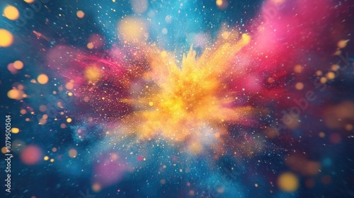 Vibrant explosion of colorful particles against a blue backdrop