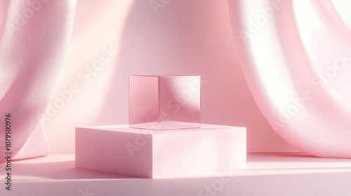 Minimal composition featuring an empty pink pastel cube on a podium for product display accompanied by an abstract background Geometric shapes in soft hues are illustrated in 3D