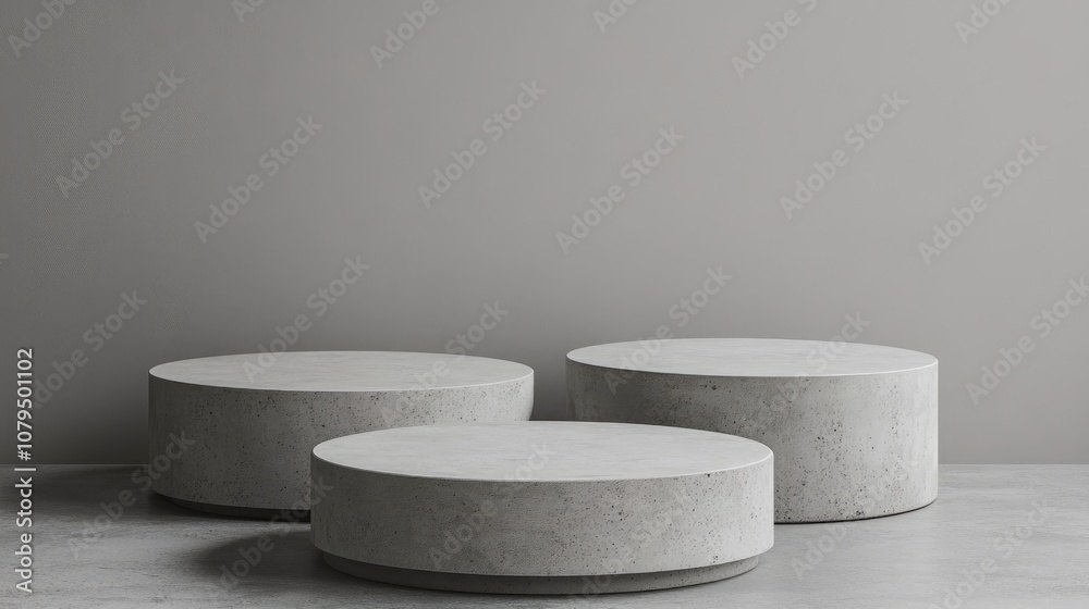 Minimalist concrete podiums for product presentation on a gray background Minimalist concrete podiums for product presentation on a gray background