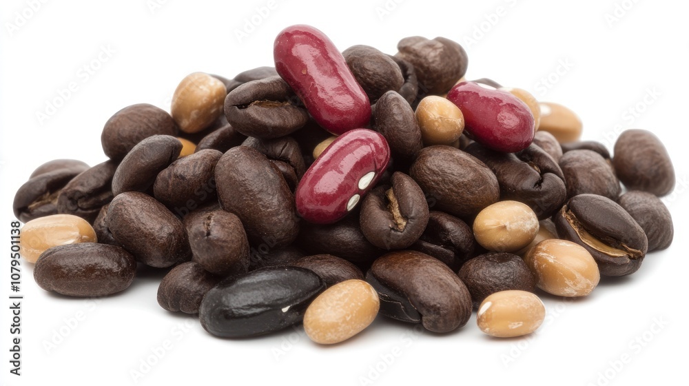 A variety of coffee beans and legumes arranged in a pile. A variety of coffee beans and legumes arranged in a pile.