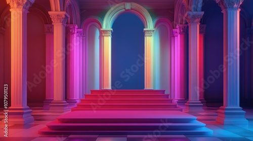 A vintage palace podium lit at night featuring classic architecture in an old European style A colorful backdrop designed for product display 3D rendering photo