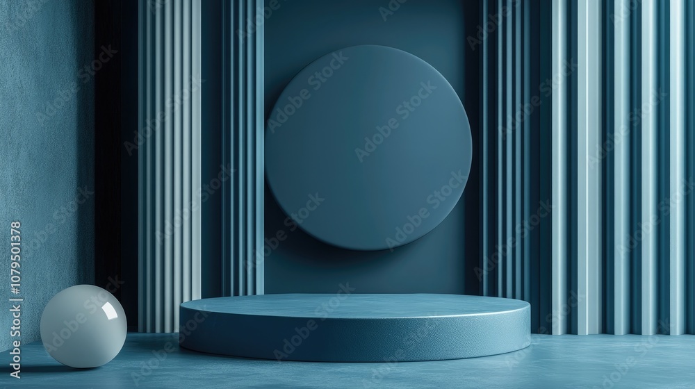 Blue abstract geometric background featuring a podium in a contemporary style 3D rendering Blue abstract geometric background featuring a podium in a contemporary style 3D rendering