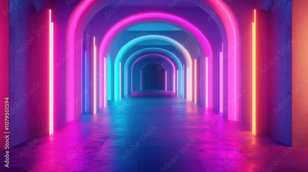 3D render of an abstract background featuring blue pink and violet neon colors with ultraviolet lighting in an empty club interior showcasing a tunnel or corridor with illuminated panels and stage 3D render of an abstract background featuring blue pink and violet neon colors with ultraviolet lighting in an empty club interior showcasing a tunnel or corridor with illuminated panels and stage