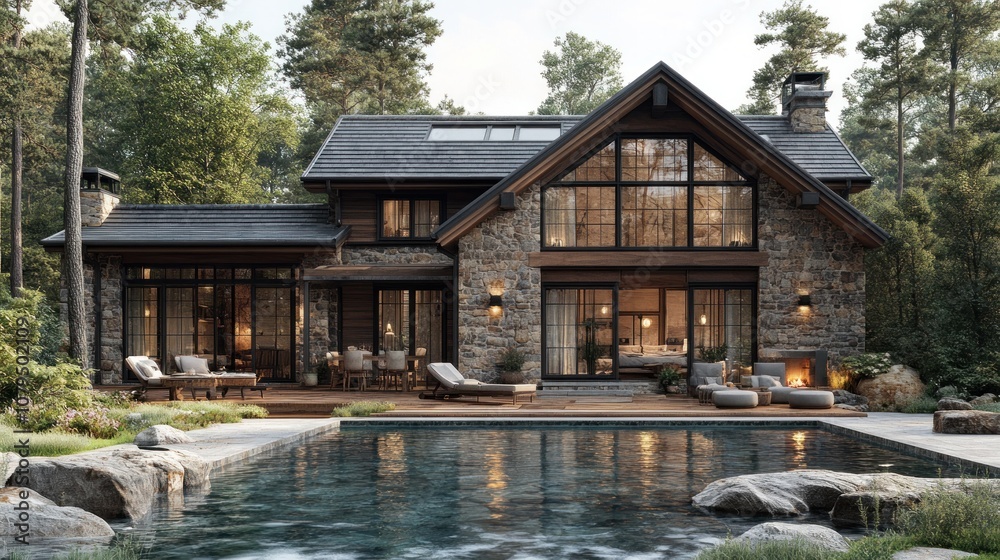 Modern stone house with large windows and a serene poolside setting. Modern stone house with large windows and a serene poolside setting.