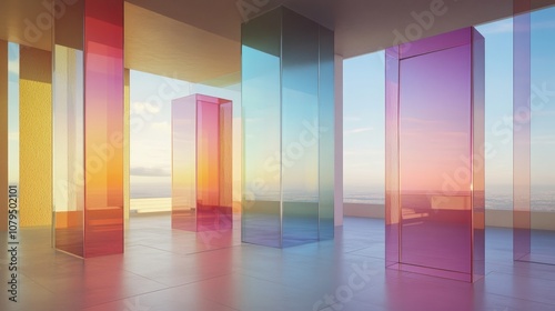 Abstract architectural interior featuring a gradient geometric glass sculpture created as a 3D illustration and rendering