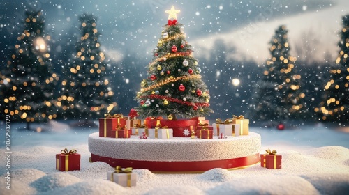 3D rendering of a podium for a winter festival featuring a Christmas tree Santa Claus gift boxes ribbons and snow designed for product promotion and presentation photo