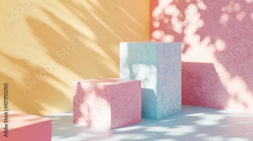 Minimalist 3D rendering featuring an empty step cube and colorful pastel podium for product display against an abstract background Mockup of geometric shapes in soft hues 3D illustration for cosme photo