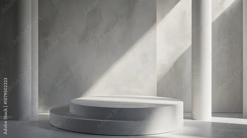 3D abstract geometric shape featuring a bright gray and white cylinder podium in a minimal studio setting 3D abstract geometric shape featuring a bright gray and white cylinder podium in a minimal studio setting