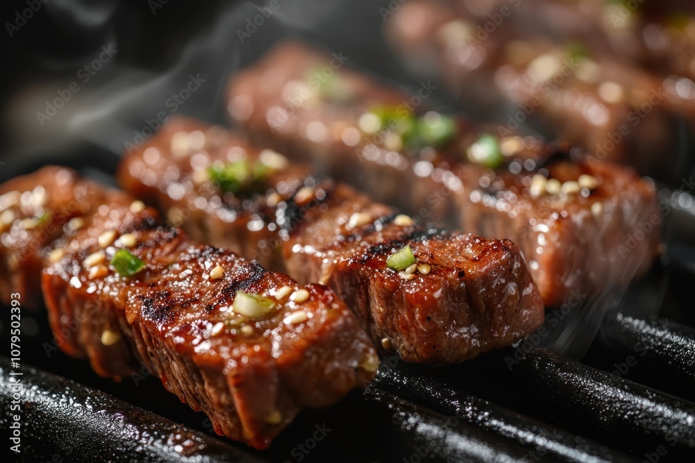 Close-up of sizzling beef skewers with sesame seeds and green onions on a grill. Close-up of sizzling beef skewers with sesame seeds and green onions on a grill.