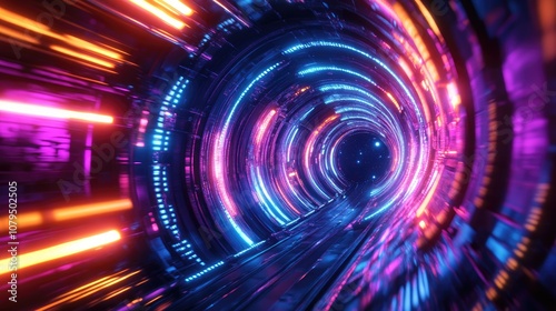 Abstract 3D background featuring vibrant neon lights and a tunnel design showcasing a futuristic space concept in a striking illustration