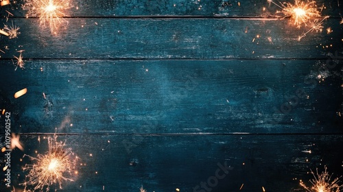 Festive New Year celebration background banner featuring a rustic blue wooden texture and a sparkling sparkler frame providing space for personalized text