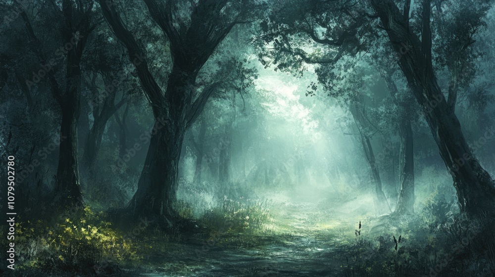 A thick enchanting mist shrouds an old forest A thick enchanting mist shrouds an old forest