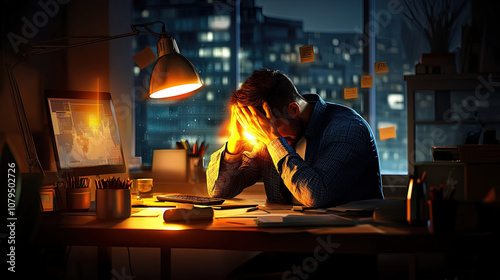 burnout at the desk Stressed person working late at night in office  stress Stressed person working late at night in office  monotony