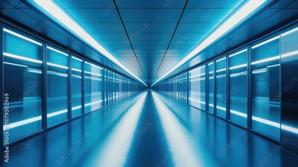 Futuristic interior corridors of a sci fi spaceship featuring a sleek design with blue hues Conceptual technology background created through 3D rendering Futuristic interior corridors of a sci fi spaceship featuring a sleek design with blue hues Conceptual technology background created through 3D rendering