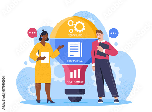 Continuing professional development. Man and woman near huge light bulb. Teamwork and partnership. Organizing efficient work process. Flat vector illustration isolated on white background