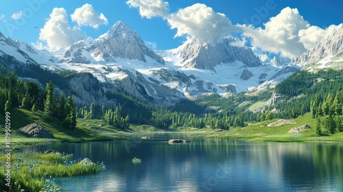 3D generated mountain scene in a 3D cartoon rendering