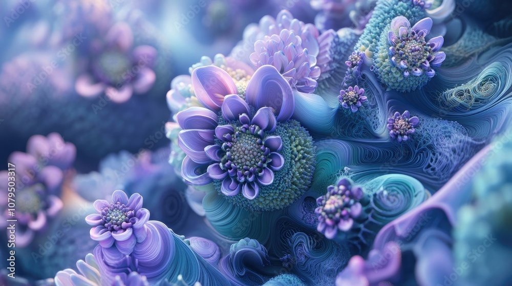 Abstract fractal patterns and shapes depicted through 3D cartoon rendering showcasing dynamic flowing natural forms flowers and spirals Abstract fractal patterns and shapes depicted through 3D cartoon rendering showcasing dynamic flowing natural forms flowers and spirals