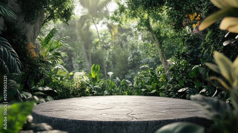 3D rendering of a stone platform surrounded by a tropical forest designed for product displays and featuring a lush green wall 3D rendering of a stone platform surrounded by a tropical forest designed for product displays and featuring a lush green wall