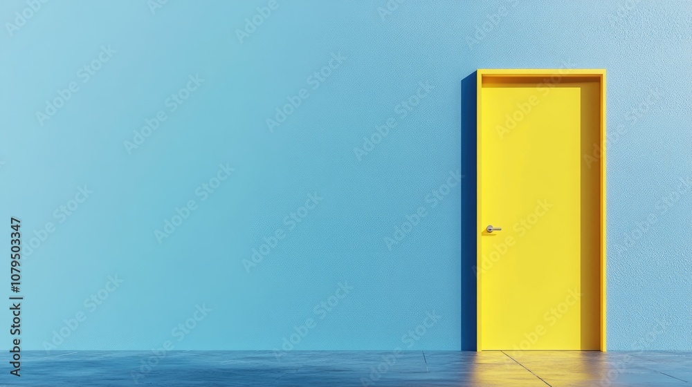Open yellow door against a blue background featuring a minimalist design in 3D rendering Open yellow door against a blue background featuring a minimalist design in 3D rendering