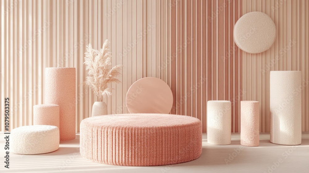 3D rendering of a minimal pink coral podium or pedestal for showcasing products accompanied by abstract geometric shapes including cylinders circles and cubes in the background 3D rendering of a minimal pink coral podium or pedestal for showcasing products accompanied by abstract geometric shapes including cylinders circles and cubes in the background