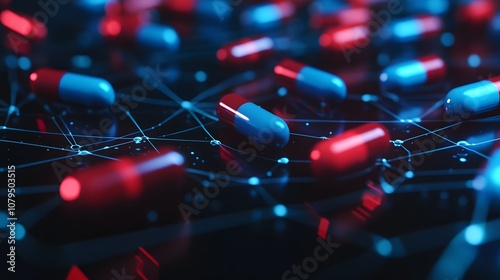 Close-up of red and blue pills on a dark surface with a digital network connecting them. photo