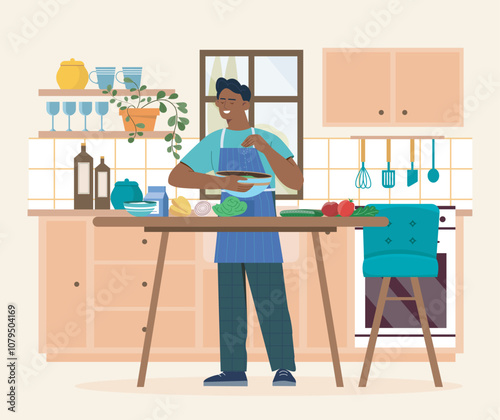 Man cooking on kitchen. Young guy salts plate of vegetables. Cook prepares salad from natural and organic products. Routine and household chores. Flat vector illustration