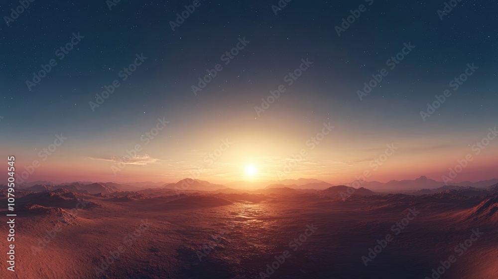 3D cartoon rendering featuring a panoramic view of Mars at sunset and sunrise showcasing the Martian surface in a banner format 3D cartoon rendering featuring a panoramic view of Mars at sunset and sunrise showcasing the Martian surface in a banner format