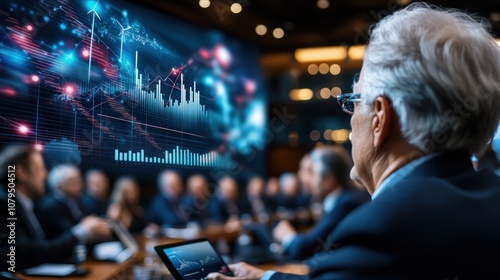 Executives in a boardroom observe a futuristic digital display of financial graphs and data, highlighting technology's role in modern business tactics. photo