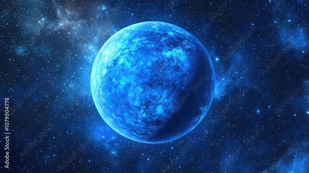 Fototapeta premium 3D cartoon visualization of a blue planet within a starry cosmic space Stunning perspective featuring the planet merging with the infinite night universe