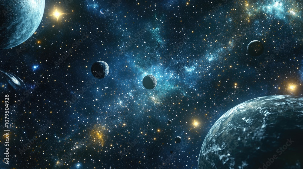 2D illustration in deep interstellar space featuring a 3D cartoon rendering of stars planets moons and comets with diverse science fiction backdrops and space art 2D illustration in deep interstellar space featuring a 3D cartoon rendering of stars planets moons and comets with diverse science fiction backdrops and space art