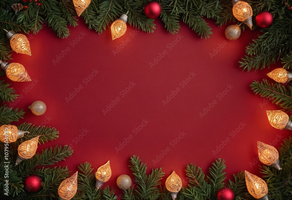 Christmas Garland with Baubles on a Red Background Christmas Garland with Baubles on a Red Background