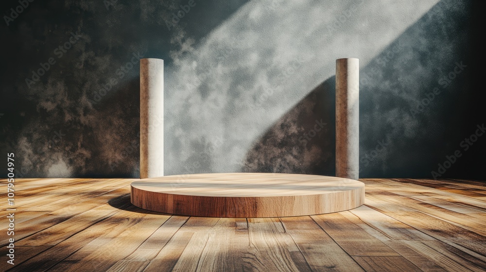 Wooden parquet podium platform in a studio setting Background features a round pedestal and square frame with two cylindrical blocks emphasizing an abstract minimalistic concept and luxurious mock Wooden parquet podium platform in a studio setting Background features a round pedestal and square frame with two cylindrical blocks emphasizing an abstract minimalistic concept and luxurious mock