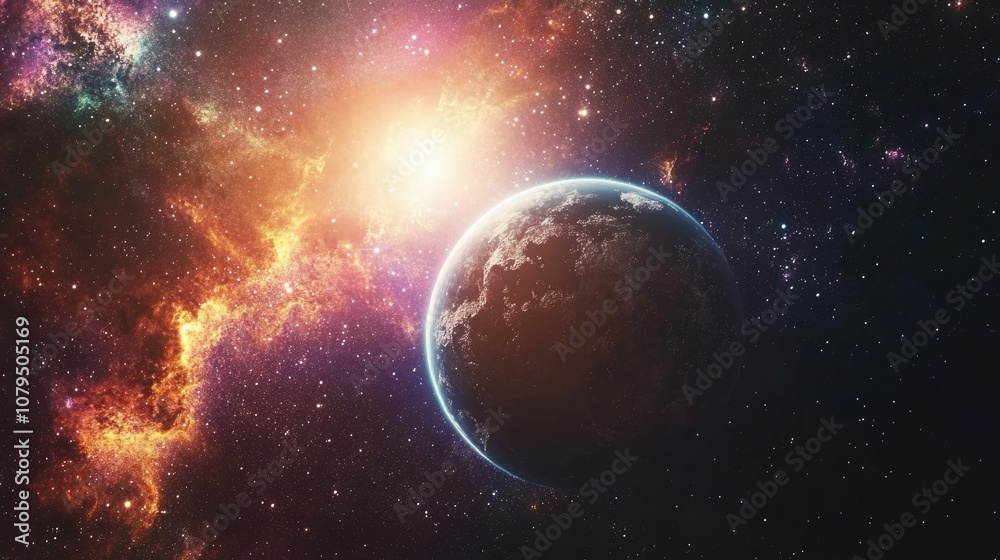 Naklejka premium Beautiful 3D cartoon rendering of an exo in space set against a backdrop of vibrant stars and galaxies creating a fantasy atmosphere