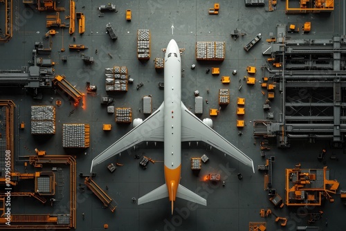 Cargo airplane unloading supplies international airport aerial view industrial environment logistics concept