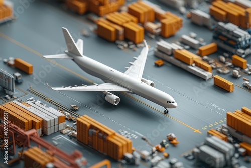 Cargo jet taking off runway aerial perspective industrial environment aviation concept