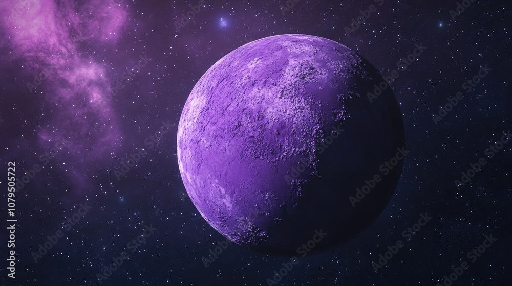 Violet planet with a solid surface and craters in space featuring a beautiful cosmic background and a view from space in a 3D cartoon rendering Violet planet with a solid surface and craters in space featuring a beautiful cosmic background and a view from space in a 3D cartoon rendering