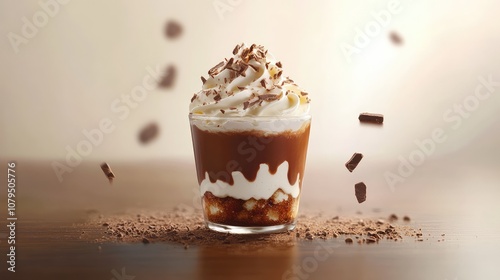 Delicious Chocolate Dessert in a Glass with Creamy Topping and Chocolate Shavings Surrounded by Chocolate Crumbs on a Wooden Table Surface