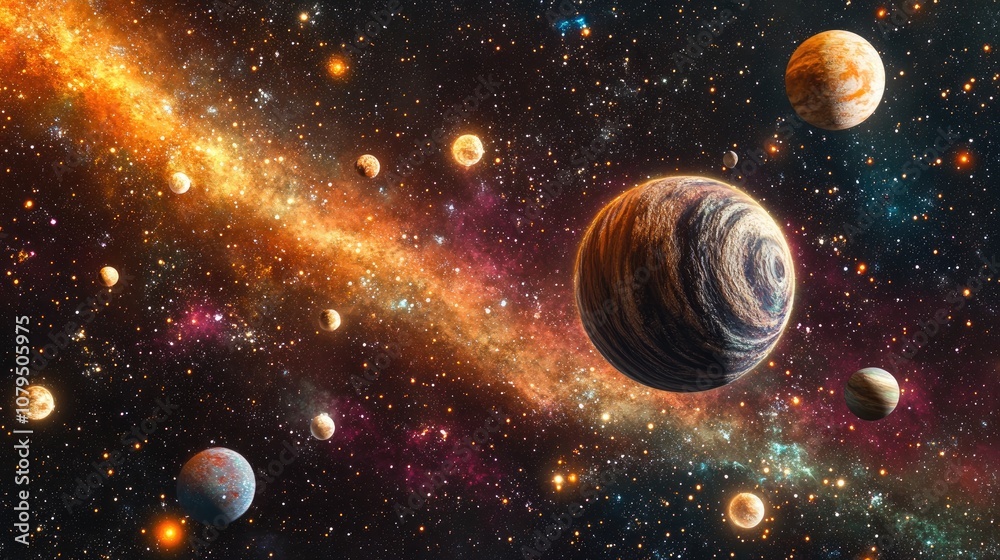 Stars of a planet and galaxy in free space created through 3D cartoon rendering Stars of a planet and galaxy in free space created through 3D cartoon rendering