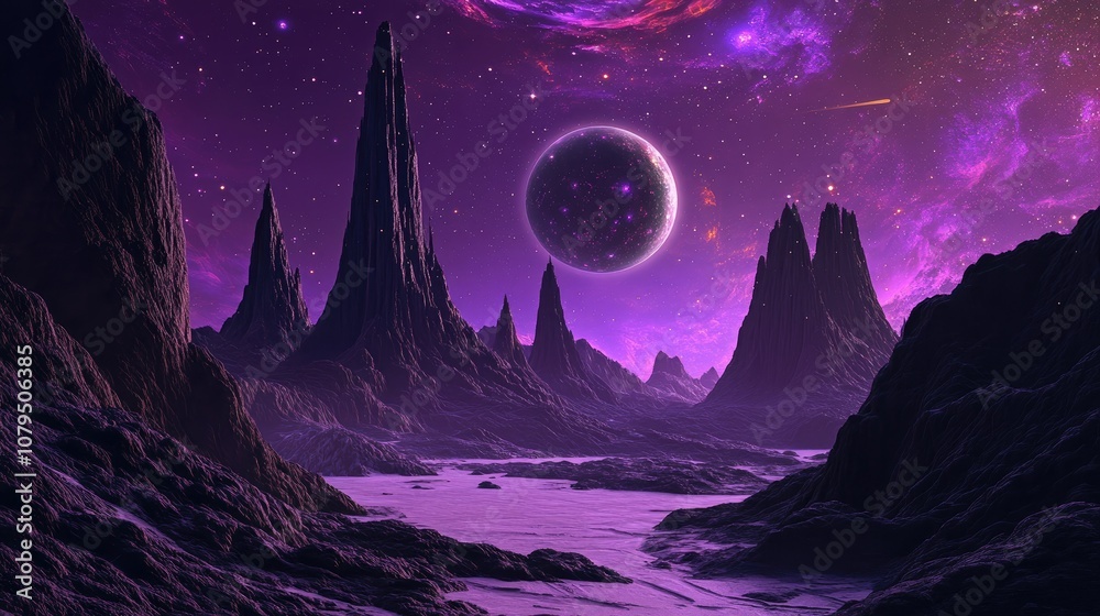 Purple fantasy sci fi space scene in 3D cartoon rendering Computer artwork Purple fantasy sci fi space scene in 3D cartoon rendering Computer artwork