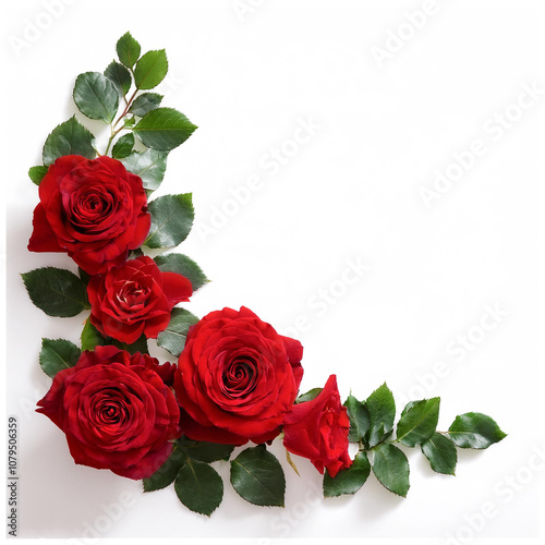 Fresh Red Rose flower garland foliage on side position provides copy space for text. background concept isolated white