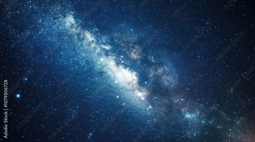 Blue dark night sky with numerous stars featuring a 3D cartoon rendering of the Milky Way against a space backdrop Blue dark night sky with numerous stars featuring a 3D cartoon rendering of the Milky Way against a space backdrop