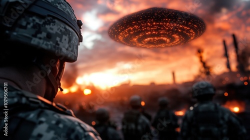 A group of military personnel in full gear are seen observing a large, illuminated UFO hovering over a fiery, apocalyptic landscape at sunset. photo