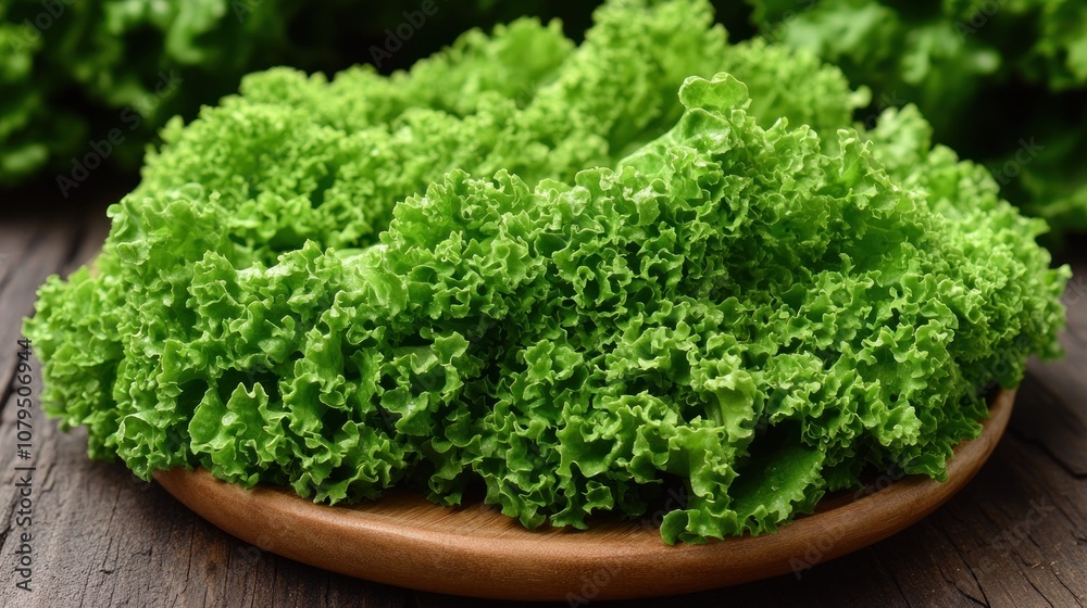 Fresh green lettuce leaves on wooden plate. Fresh green lettuce leaves on wooden plate.