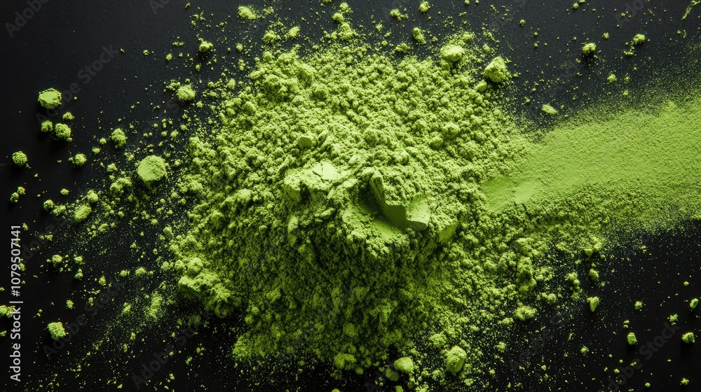 Matcha powder explosion in 3D cartoon rendering on a black background from an overhead perspective Green powder isolated against a black backdrop