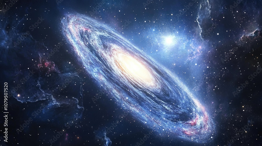 Naklejka premium 3D illustration of a nebula and galaxy with stars in the night sky presented as a cartoon rendering