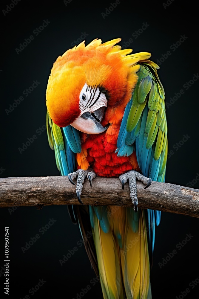 Obraz premium A vibrant parrot perched on a branch, showcasing its colorful feathers against a dark background.