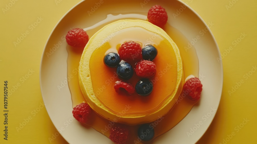 Delicious fluffy pancake topped with fresh raspberries and blueberries, drizzled with golden syrup, set against a vibrant yellow background for a cheerful breakfast feel. Delicious fluffy pancake topped with fresh raspberries and blueberries, drizzled with golden syrup, set against a vibrant yellow background for a cheerful breakfast feel.