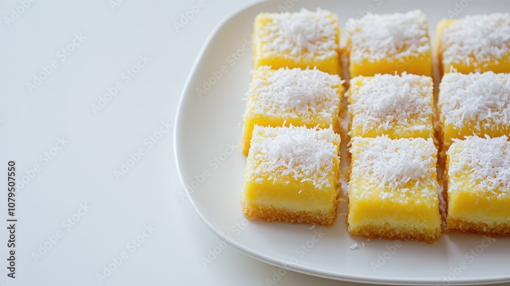 Delicious Coconut Lemon Bars on a White Plate, Perfectly Cut into Squares, Ideal for Dessert Lovers Seeking a Refreshing Citrus Treat Delicious Coconut Lemon Bars on a White Plate, Perfectly Cut into Squares, Ideal for Dessert Lovers Seeking a Refreshing Citrus Treat