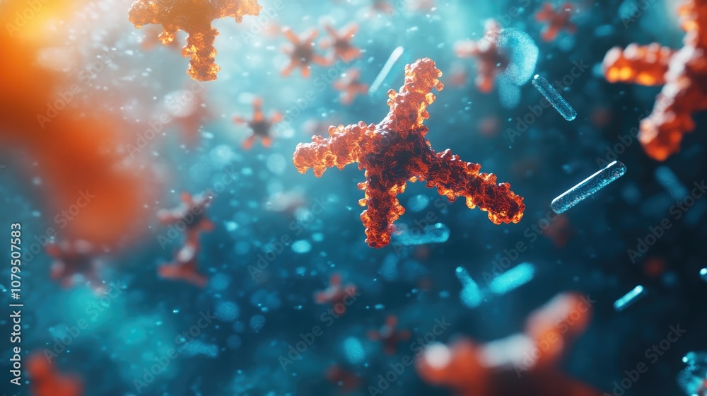 3D illustration of antibodies and viruses Virology concept Vaccine research in a microbiology laboratory setting 3D illustration of antibodies and viruses Virology concept Vaccine research in a microbiology laboratory setting